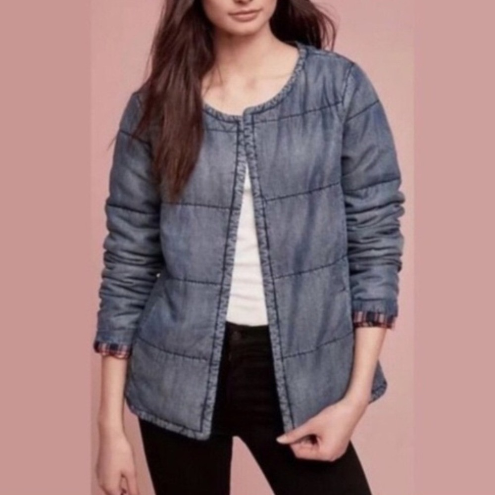 Anthropologie Cloth & Stone Quilted Jacket Women Small Tencel Plaid Lined Blue